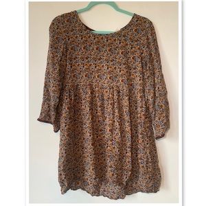 Hem & Thread long sleeve dress with orange flowers with navy blue and ivory